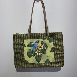 Sun 'n' Sand Women's Green Straw Purse With Tropical Parrot Shoulder Bag
